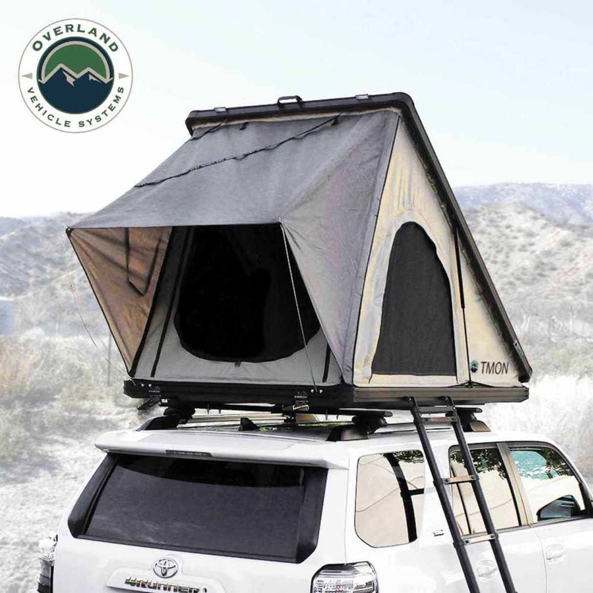 Overland Vehicle systems LD TMON Clamshell Aluminum Hard Shell Roof Top Tent - 2 Person Capacity, Tan Body & Green Rainfly