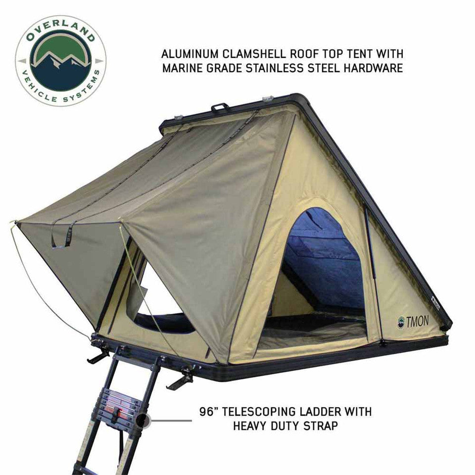 Overland Vehicle systems LD TMON Clamshell Aluminum Hard Shell Roof Top Tent - 2 Person Capacity, Tan Body & Green Rainfly