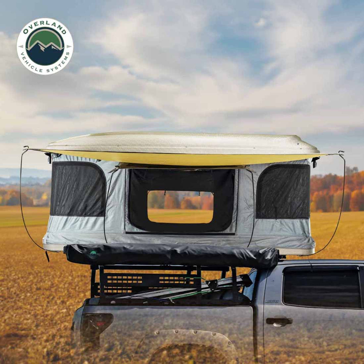 Overland Vehicle Systems HD Bundu Pop Up Hard Shell Roof Top Tent, Grey Body & Green Trim