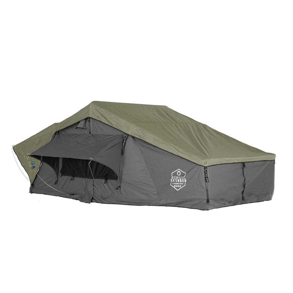 Overland Vehicle Systems HD Nomadic 2 Extended Soft Shell Roof Top Tent - Grey Body & Green Rainfly