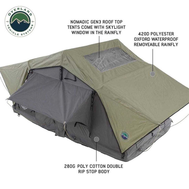 Overland Vehicle Systems HD Nomadic 3 Standard Soft Shell Roof Top Tent - Grey Body & Green Rainfly
