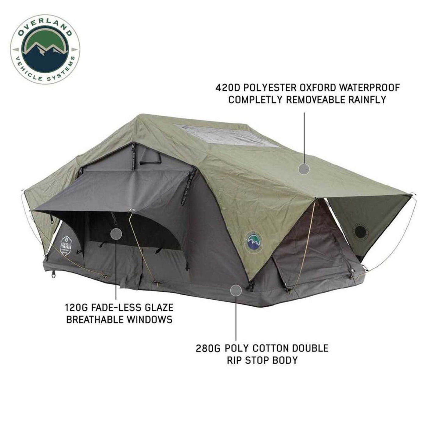 Overland Vehicle Systems HD Nomadic 3 Standard Soft Shell Roof Top Tent, Grey Body & Green Rainfly