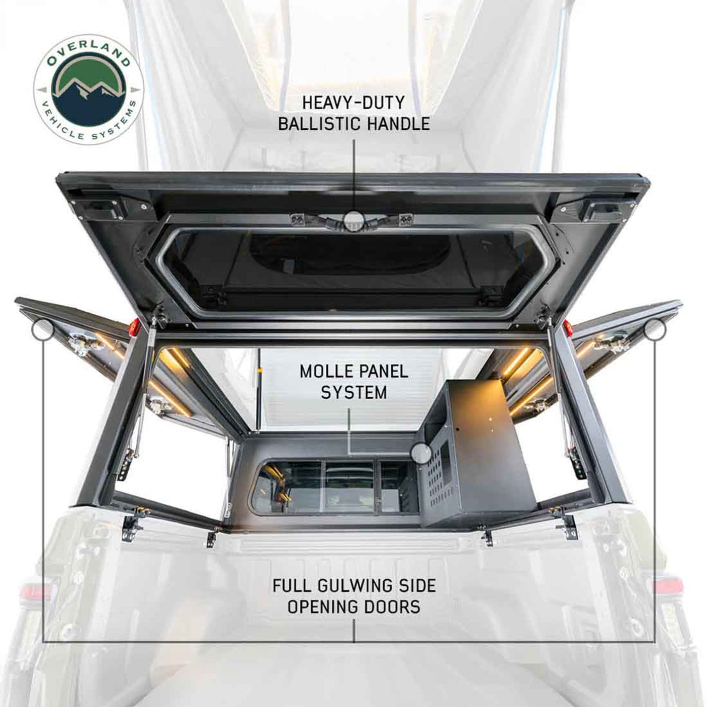 Overland Vehicle Systems MagPak - Camper Shell/Roof Top Tent Combo with Lights, Rear Molle Panel, Side Tie Downs, Front & Rear Windows