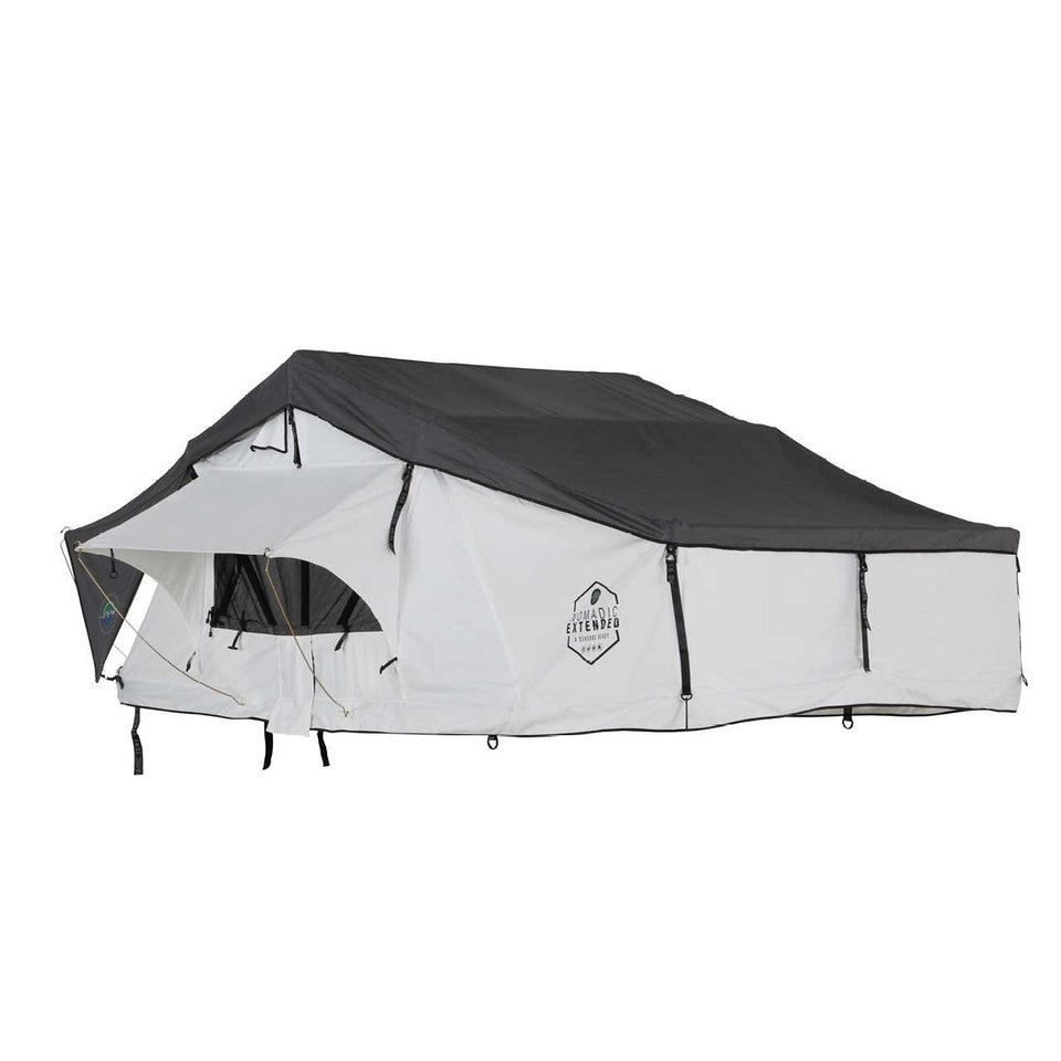 Overland Vehicle systems HD Nomadic 3 Arctic White Extended Soft Shell Roof Top Tent, White Body Dark Grey Rainfly