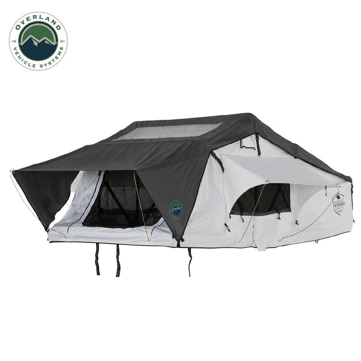 Overland Vehicle systems HD Nomadic 3 Arctic White Extended Soft Shell Roof Top Tent, White Body Dark Grey Rainfly