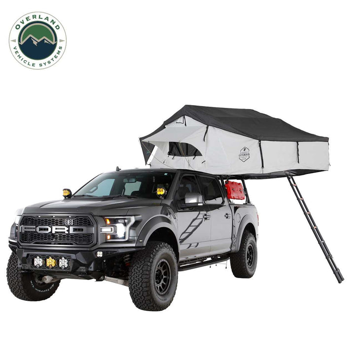 Overland Vehicle systems HD Nomadic 3 Arctic White Extended Soft Shell Roof Top Tent, White Body Dark Grey Rainfly