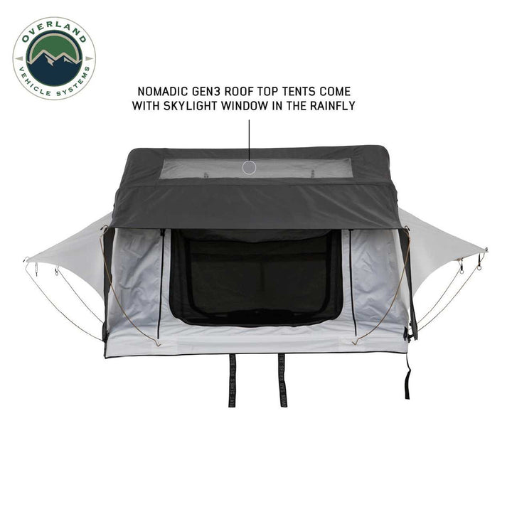 Overland Vehicle systems HD Nomadic 3 Arctic White Extended Soft Shell Roof Top Tent, White Body Dark Grey Rainfly