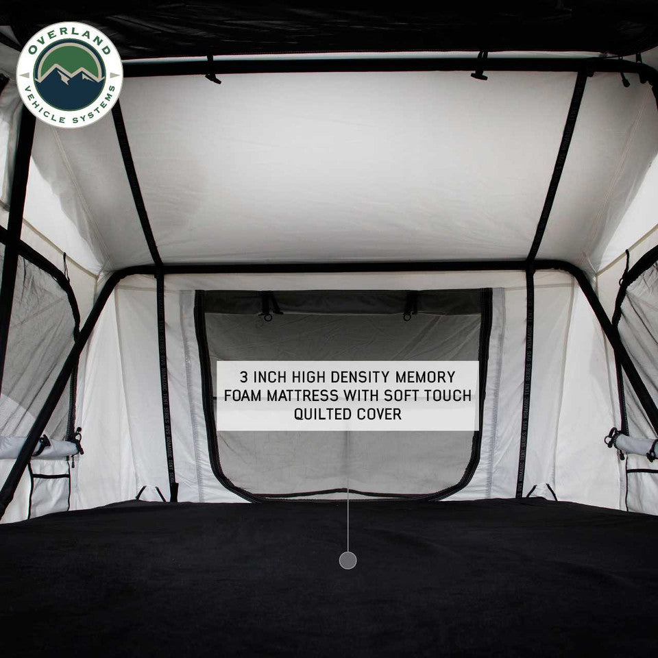 Overland Vehicle systems HD Nomadic 3 Arctic White Extended Soft Shell Roof Top Tent, White Body Dark Grey Rainfly
