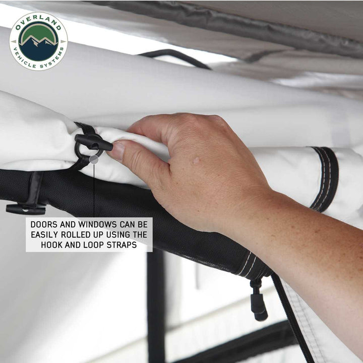 Overland Vehicle systems HD Nomadic 3 Arctic White Extended Soft Shell Roof Top Tent, White Body Dark Grey Rainfly