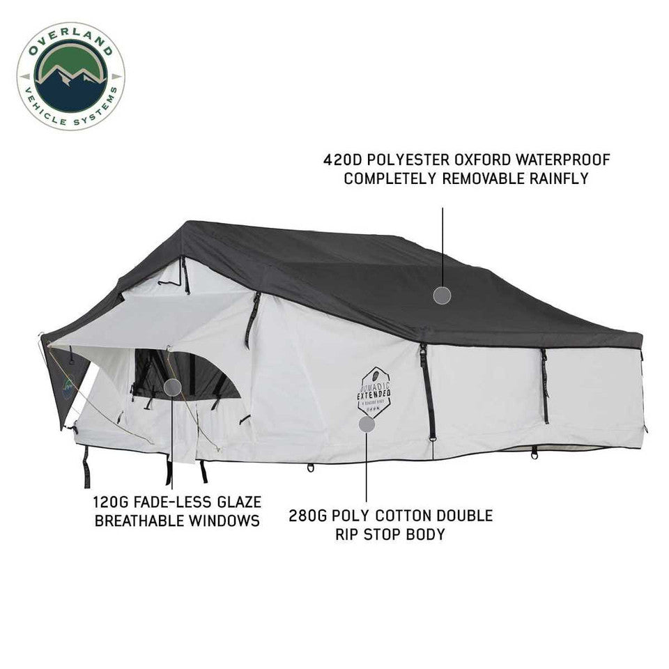 Overland Vehicle systems HD Nomadic 3 Arctic White Extended Soft Shell Roof Top Tent, White Body Dark Grey Rainfly