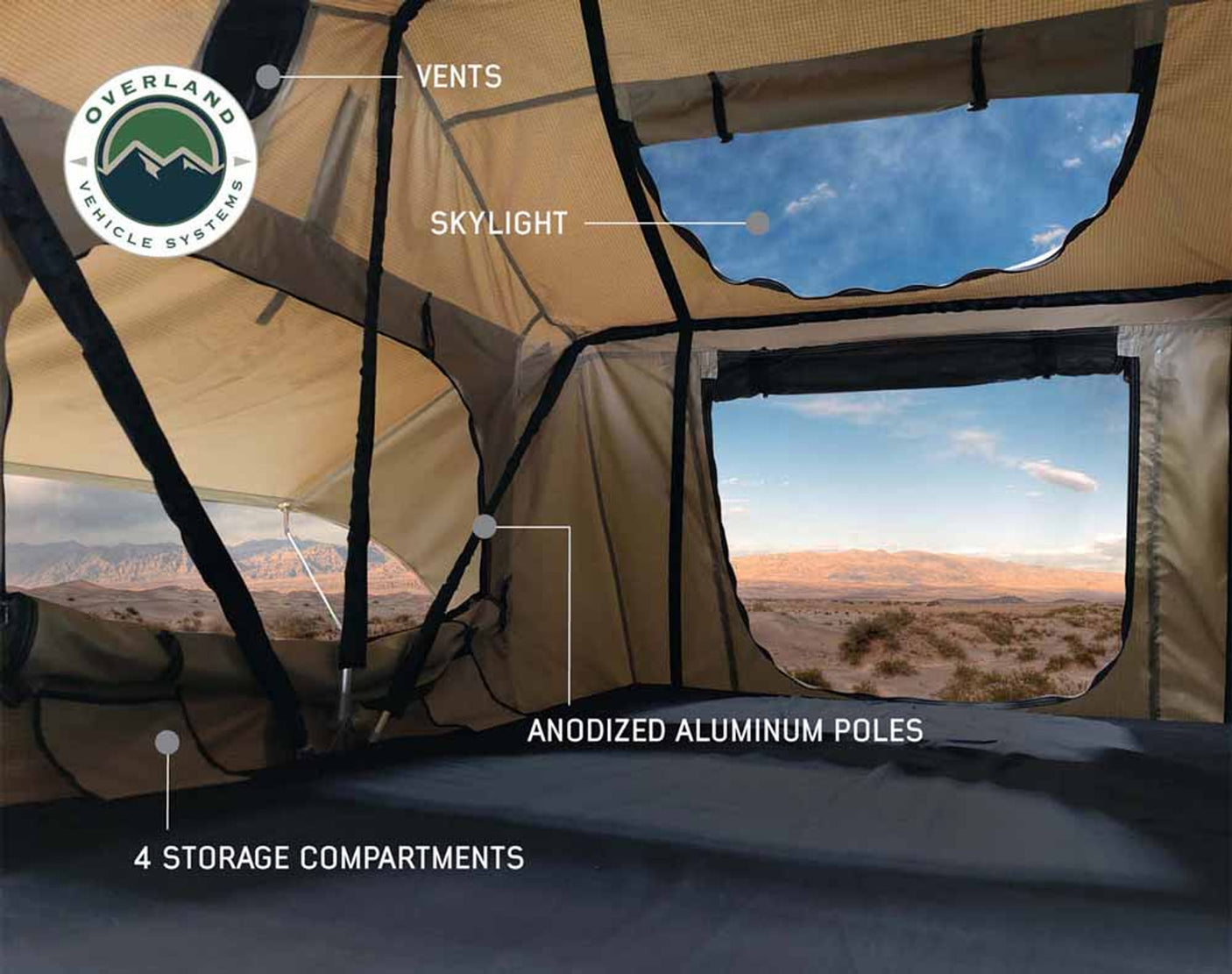Overland Vehicle Systems LD TMBK 3 Soft Shell Roof Top Tent, Tan Body & Green Rainfly