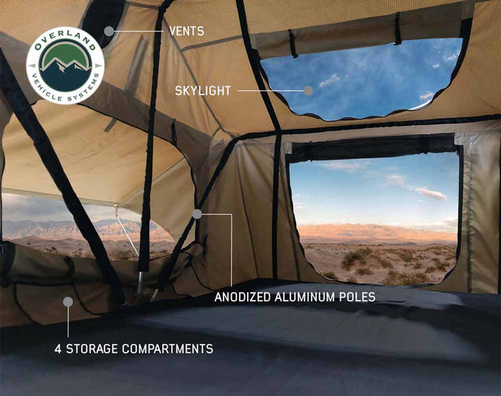 Overland Vehicle Systems LD TMBK 3 Soft Shell Roof Top Tent, Tan Body & Green Rainfly