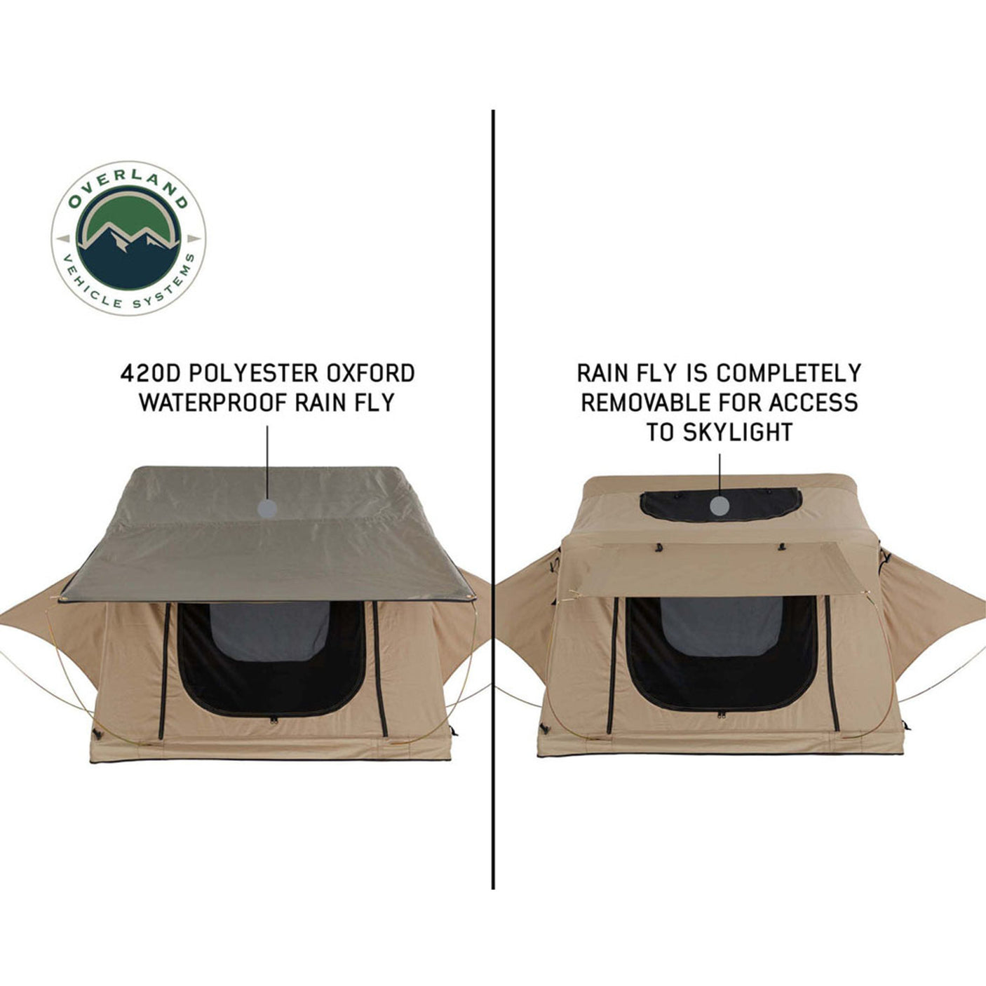 Overland Vehicle Systems LD TMBK 3 Soft Shell Roof Top Tent, Tan Body & Green Rainfly