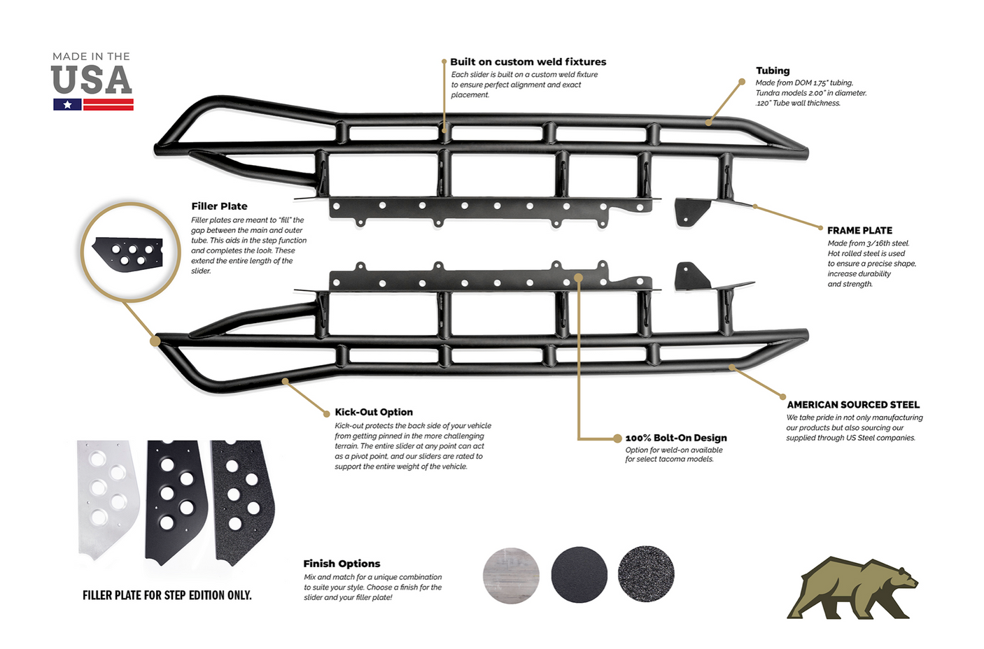 CALI RAISED LED 2003-2009 TOYOTA 4RUNNER STEP EDITION BOLT ON ROCK SLIDERS