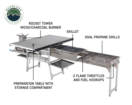 Komodo Camp Kitchen -  Dual Grill, Skillet, Folding Shelves, and Rocket Tower - Stainless Steel