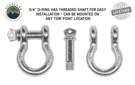 Overland Vehicle Systems Recovery Shackle D-Ring 3/4" 4.75 Ton Zinc - Sold In Pairs