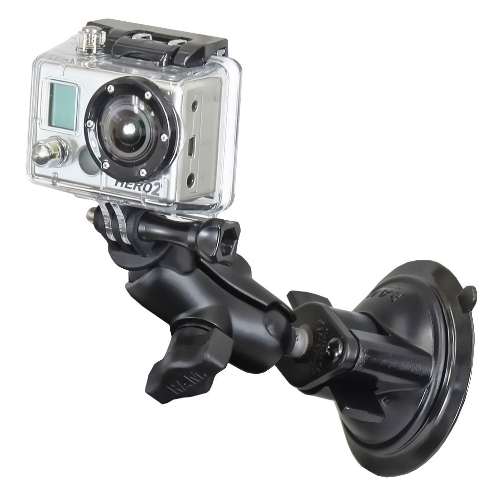RAM Mount Twist Lock Suction Cup Mount, Short Double Socket Arm & 1" Diameter Ball with Custom GoPro Hero Adapter